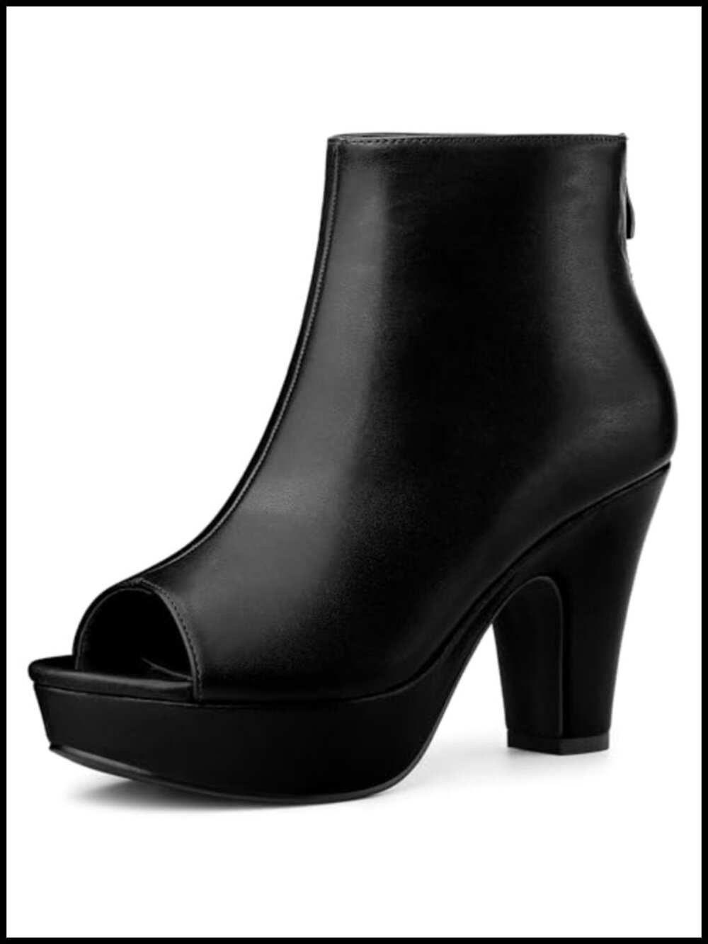 Faux Leather Peep Toe Ankle Boots Chunky Heel Platform Back Zip Booties